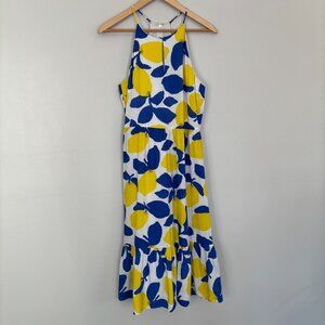 LOFT Midi Dress 6 Blue Yellow Lemon Keyhole Sleeveless Summer Women's